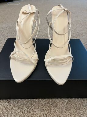 Strappy Pointed-Toe Ankle Wrap Heels in Cream